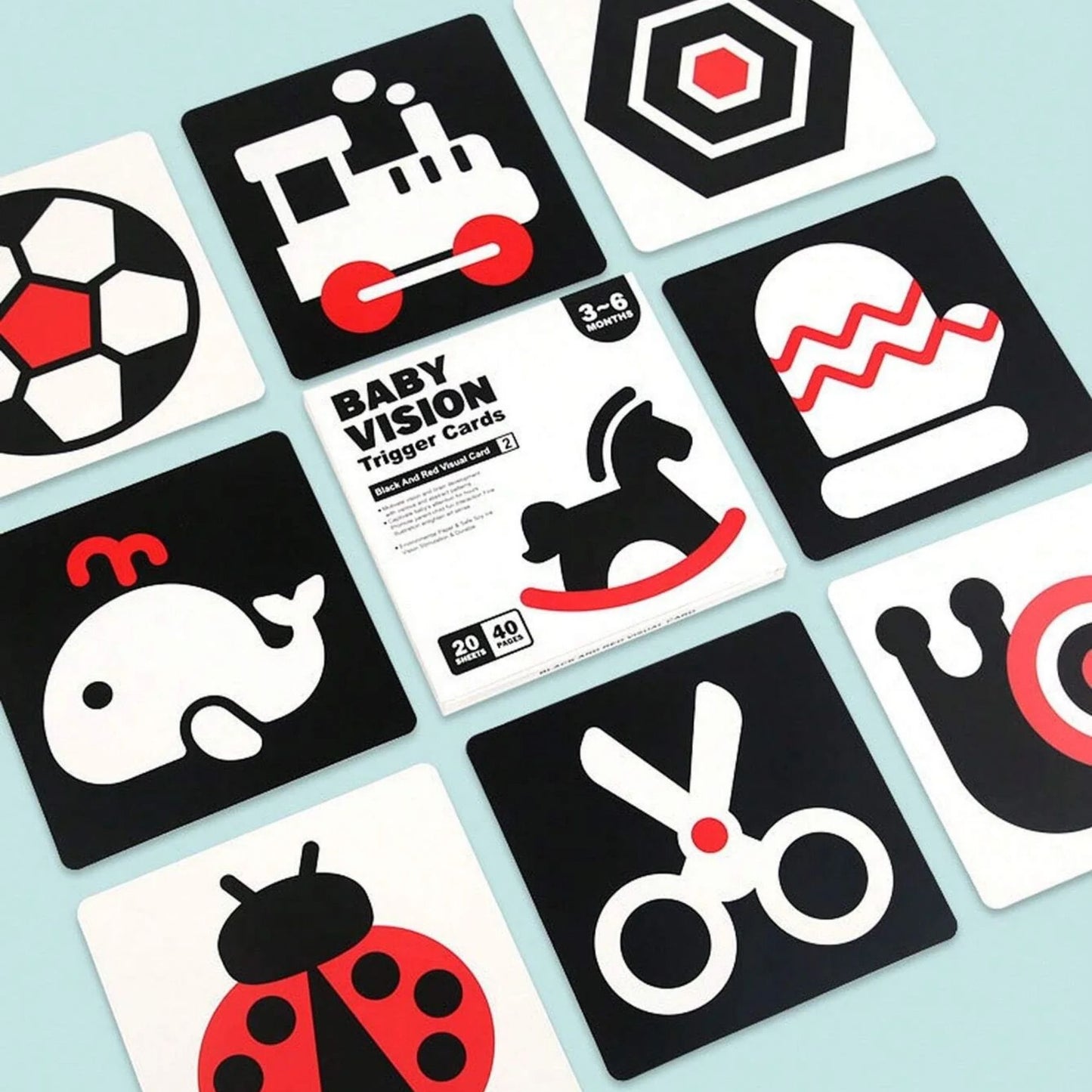 Tarjetas de estimulación visual para bebés de 3 a 6 meses – Negro y rojo