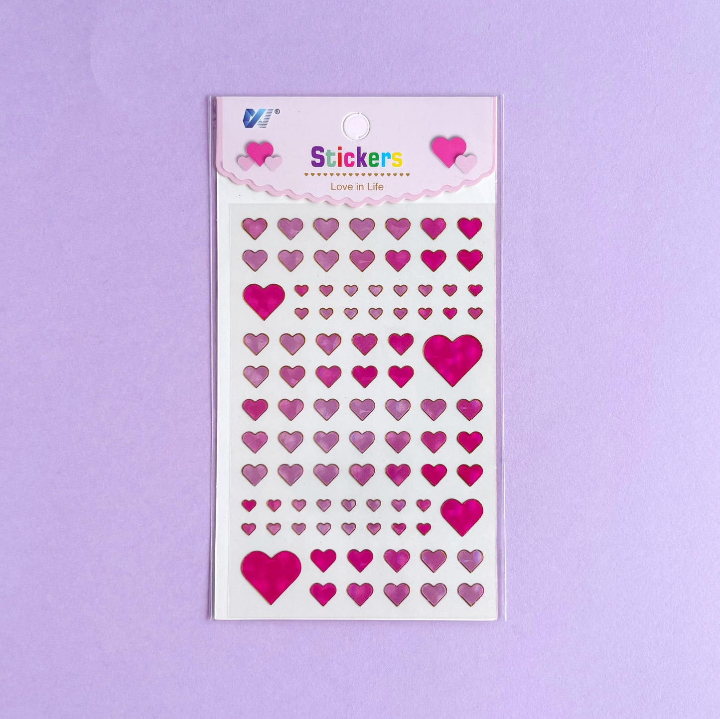 Stickers corazones iridiscentes rosas y fucsias de diferentes tamaños