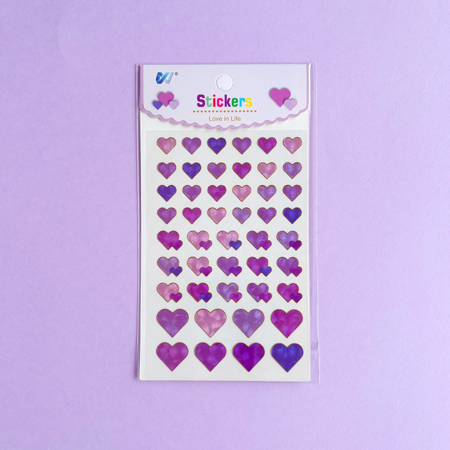 Stickers corazones iridiscentes morados y rosados con minicorazones