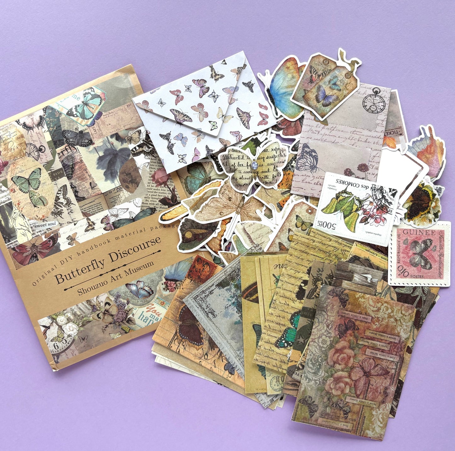 Paquete de papeles y stickers vintage Butterfly Discourse - Para scrapbooking o proyectos creativos