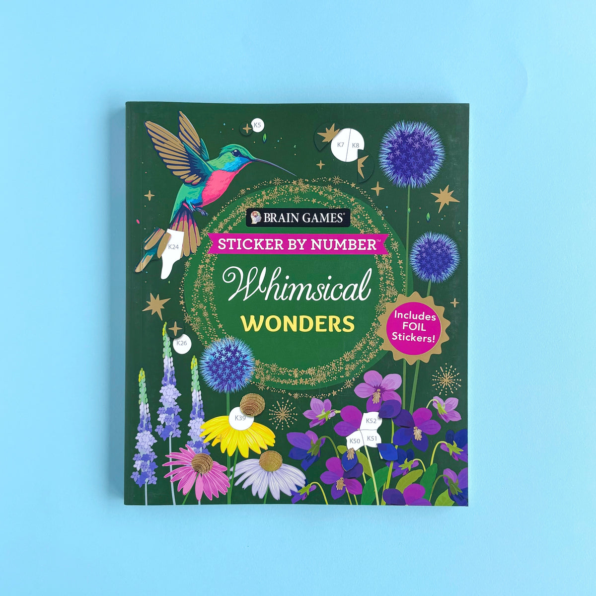 Libro de Stickers por Números Brain Games:  Whimsical Wonders - 28 imágenes para completar (dos incluyen detalles en foil)