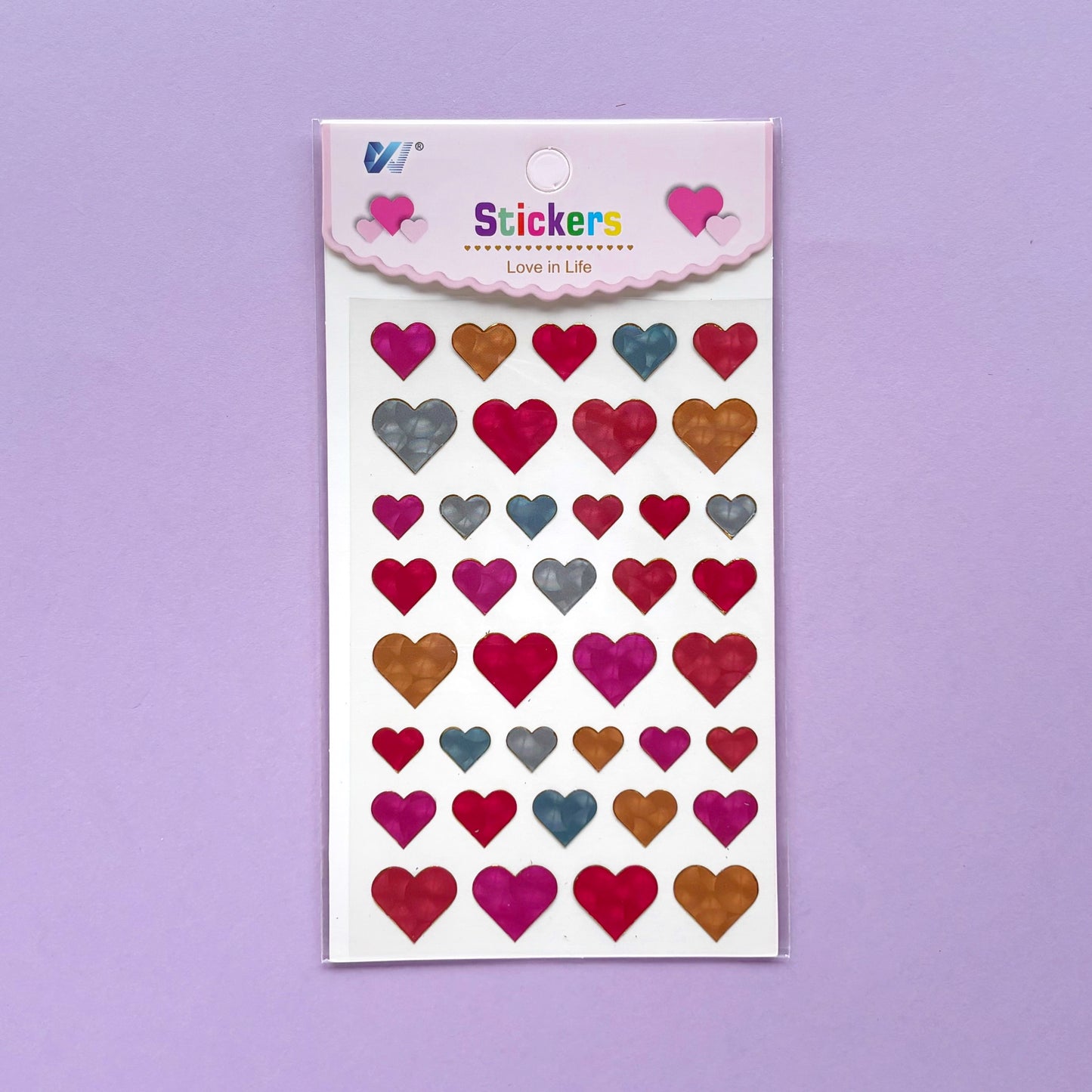 Stickers corazones iridiscentes tonos rojizos y amarillos