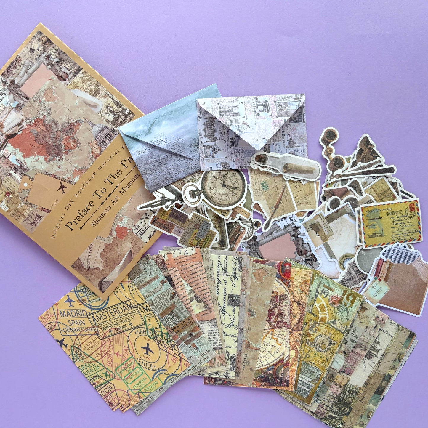 Paquete de papeles y stickers vintage Preface to the past - Para scrapbooking o proyectos creativos
