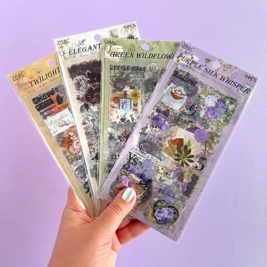 Set de stickers decorativos románticos (6 hojas) – Flores y collage vintage para scrapbooking o proyectos creativos